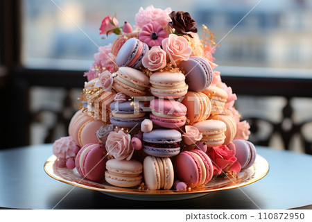 Sweet colorful pasta cake on a plate decorated with flowers Sweet colorful pasta cake on a plate decorated with flowers 110872950