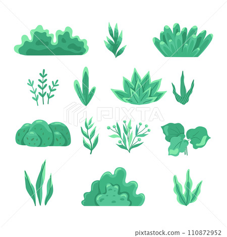 Set with cartoon simple bush plant. Bright flat vector illustration collection for design. Set with cartoon simple bush plant. Bright flat vector illustration collection for design. 110872952