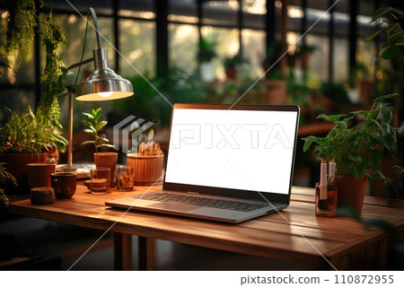 Mockup of a laptop screen on a table in a cafe. Remote work of a freelancer in a coworking place Mockup of a laptop screen on a table in a cafe. Remote work of a freelancer in a coworking place 110872955