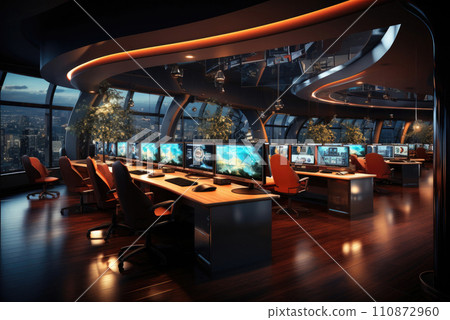 Interior of a modern call center space with large panoramic windows in a business center 110872960