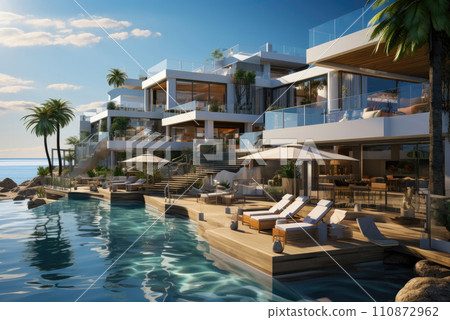 Modern hotel building on the seashore or ocean for summer holidays and vacations Modern hotel building on the seashore or ocean for summer holidays and vacations 110872962