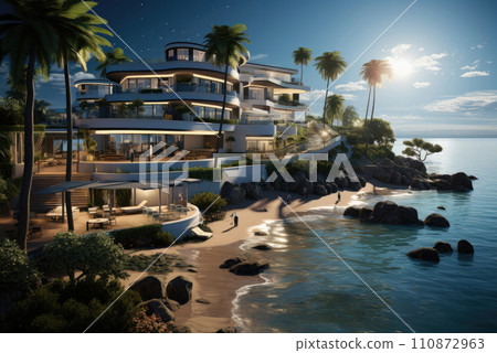 Modern hotel building on the seashore or ocean for summer holidays and vacations Modern hotel building on the seashore or ocean for summer holidays and vacations 110872963