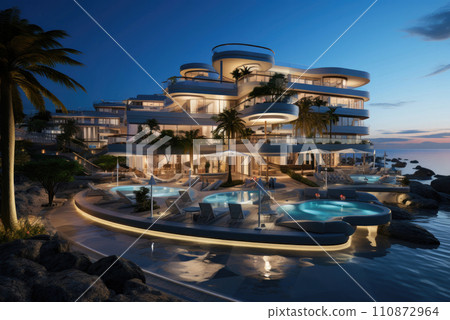 Modern hotel building on the seashore or ocean for summer holidays and vacations Modern hotel building on the seashore or ocean for summer holidays and vacations 110872964