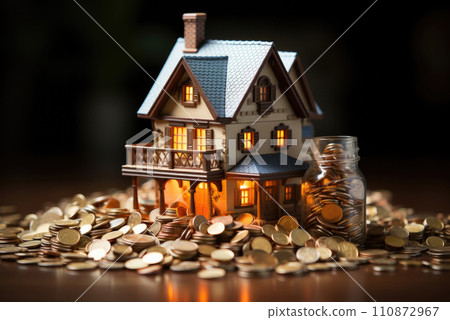 Mockup of a house and a mountain of coins. The concept of a mortgage, a real estate loan Mockup of a house and a mountain of coins. The concept of a mortgage, a real estate loan 110872967