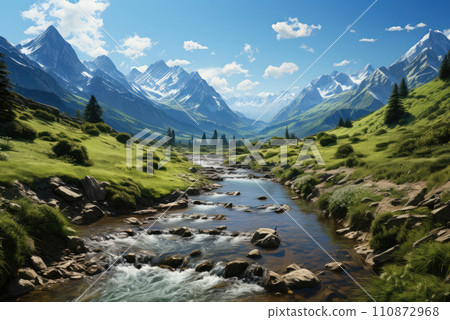 Stormy river among majestic mountains. Spring landscape Stormy river among majestic mountains. Spring landscape 110872968