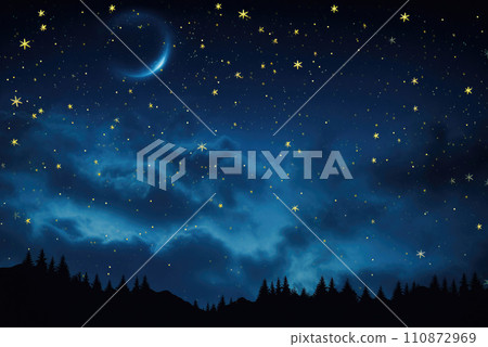 Night landscape. Bright stars and the moon over the forest Night landscape. Bright stars and the moon over the forest 110872969