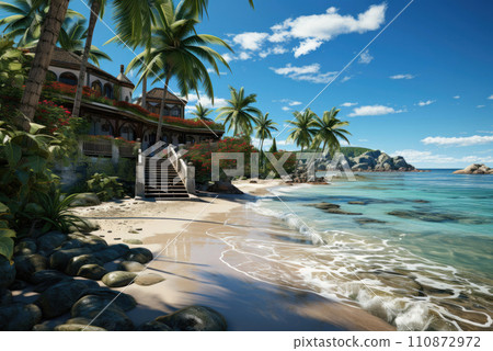 Promenade of a luxury hotel with a white sandy beach Promenade of a luxury hotel with a white sandy beach 110872972