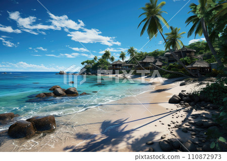 Oceanfront with palm trees and white sand on the shore. Tropical summer holidays and vacations Oceanfront with palm trees and white sand on the shore. Tropical summer holidays and vacations 110872973