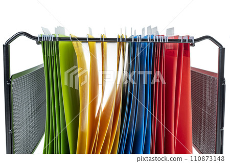 Closeup view of the colorful hanging file folder on the file organizer 110873148
