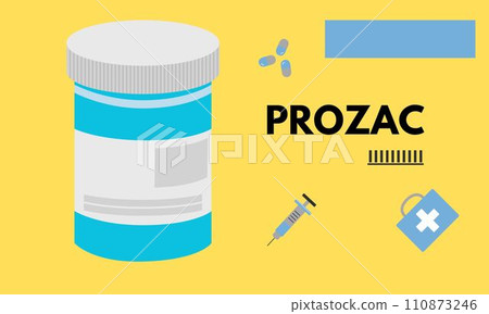 Prozac Medical pills in RX prescription drug bottle for mental health vector illustration Prozac Medical pills in RX prescription drug bottle for mental health vector illustration 110873246