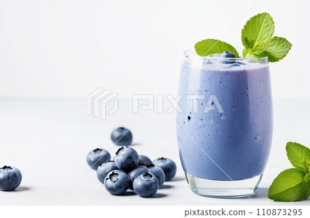 Deliciously Fresh: Homemade Blueberry and Mint Smoothie on a Crisp White Background. Generative AI. 110873295