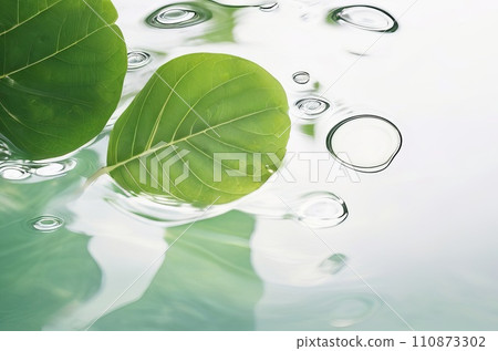 Refreshing Top View: Transparent White Water and Green Leaf Background with Sunlight Reflection. Generative AI. 110873302