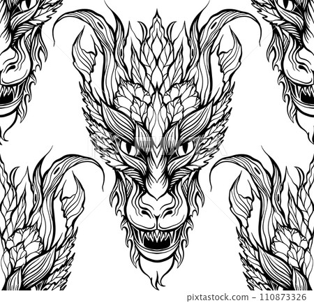 Vector seamless pattern with tracery contour roaring dragons on white background. Monochrome fantasy texture with outline wyverns i 110873326