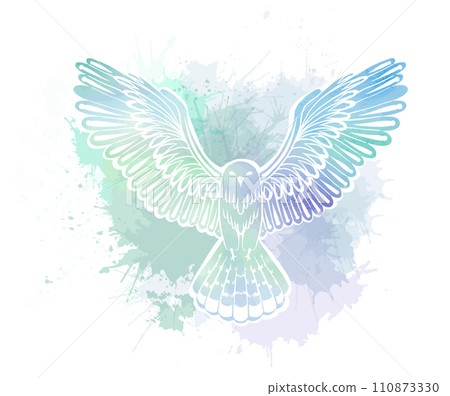 Vector illustration of a stylized bird with blue watercolor splatters on a white background. Painting of the silhouette of owl with dye sprays. Vector illustration of a stylized bird with blue watercolor splatters on a white background. Painting of the silhouette of owl with dye sprays. 110873330