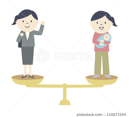 Illustration of a mother balancing work and childcare 110873344