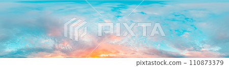 Sunset sky panorama with bright glowing pink Cirrus clouds. HDR 360 seamless spherical panorama. Full zenith or sky dome in 3D, sky replacement for aerial drone panoramas. Climate and weather change. Sunset sky panorama with bright glowing pink Cirrus clouds. HDR 360 seamless spherical panorama. Full zenith or sky dome in 3D, sky replacement for aerial drone panoramas. Climate and weather change. 110873379