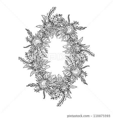 Hand drawn monochrome line art tropical protea flower vertical oval frame. Hand drawn monochrome line art tropical protea flower vertical oval frame. 110873393