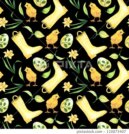 Watercolor seamless pattern with cute yellow chickens and , eggs, leaves, rubber boots, narcissus flowers. Easter background with farm birds. Spring design for textile, fabric, poster, covers. Watercolor seamless pattern with cute yellow chickens and , eggs, leaves, rubber boots, narcissus flowers. Easter background with farm birds. Spring design for textile, fabric, poster, covers. 110873407