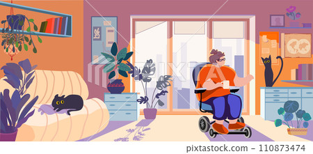 An overweight disabled woman in a chair strokes a cat in a cozy room. Inclusion concept. Social adaptation. Vector illustration. 110873474