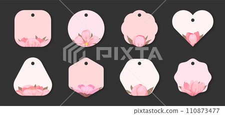 Sakura cherry blossom flower tag label sticker pink flat set. Romantic valentine day heart shape cute holiday gift bud floral certificate banner postcard design cosmetic botanical promo sale isolated Sakura cherry blossom flower tag label sticker pink flat set. Romantic valentine day heart shape cute holiday gift bud floral certificate banner postcard design cosmetic botanical promo sale isolated 110873477