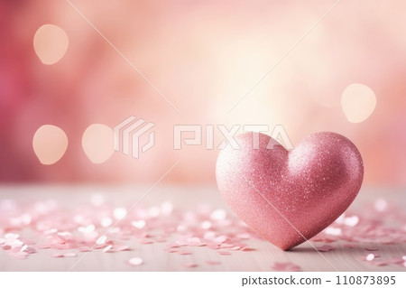 AI generated Pink glittering shiny heart on wooden table with confetti on defocused festive bokeh background 110873895