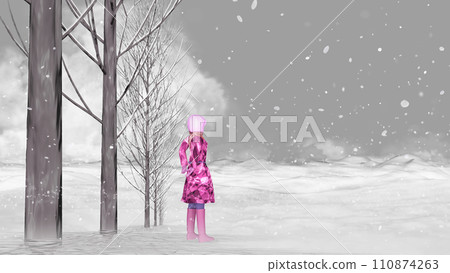 Winter scenery> A woman looking at the mountain range on the ground with light snow falling. Background material for text Winter scenery> A woman looking at the mountain range on the ground with light snow falling. Background material for text 110874263