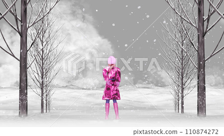 Winter scenery> A woman looking at the mountain range on the ground with light snow falling. Background material for text Winter scenery> A woman looking at the mountain range on the ground with light snow falling. Background material for text 110874272