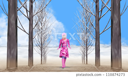 Winter scenery> Woman walking with mountains in the background Background material for text Winter scenery> Woman walking with mountains in the background Background material for text 110874273
