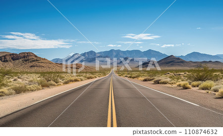Route 66 highway road at midday clear sky desert mountains background landscape AI generated 110874632
