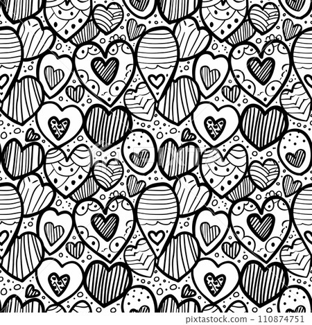 Fun black and white abstract line doodle hearts seamless pattern. 110874751