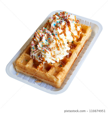 Tasty belgian waffle in packaging isolated on white background 110874951