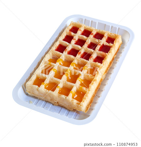Tasty belgian waffle in packaging isolated on white background 110874953