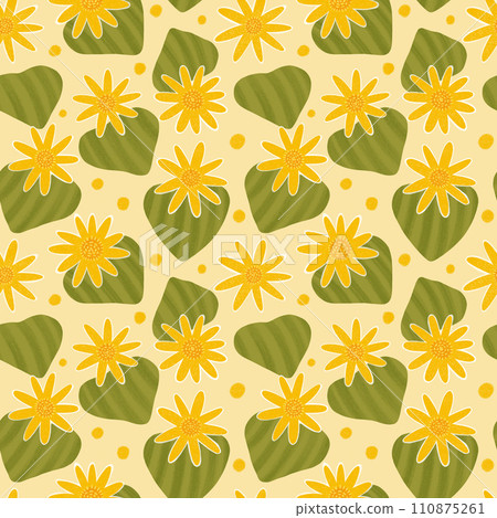 Floral seamless pattern. Yellow flowers with leaves on light yellow background. Cute hand drawn water lilies with brush texture. Summer floral repeated design for textile, fabrics, wallpaper 110875261