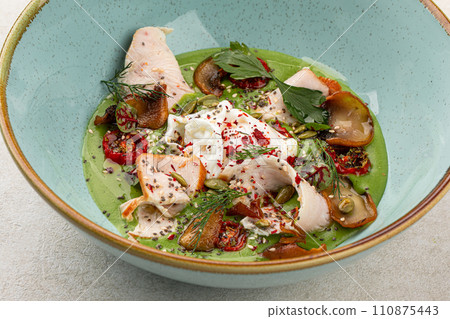Breakfast with green mousse and stracciatella Breakfast with green mousse and stracciatella 110875443