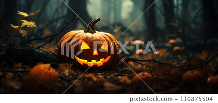 Carved out glowing orange halloween pumpkin jack o lantern in the forest with copy space AI generated Carved out glowing orange halloween pumpkin jack o lantern in the forest with copy space AI generated 110875504