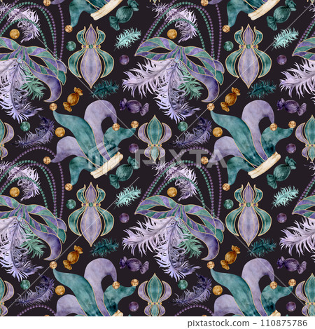 Hand drawn watercolor Mardi Gras carnival symbol. Jester fool hat, fleur de lis lily flower, mask domino feathers. Seamless pattern isolated on dark background. Design for party, print, shop, package Hand drawn watercolor Mardi Gras carnival symbol. Jester fool hat, fleur de lis lily flower, mask domino feathers. Seamless pattern isolated on dark background. Design for party, print, shop, package 110875786
