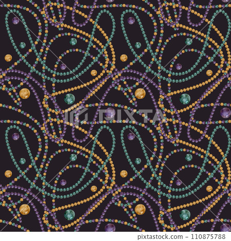 Hand drawn watercolor Mardi Gras carnival symbols. Glass bead string necklace bauble jewelry gold purple green. Seamless pattern isolated on dark background. Design for party, print, shop, package 110875788