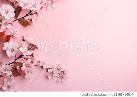 AI-generated content. Beautiful white flowers on pink background. A card for Easter, Women's Day, Mother's Day, Valentine's Day with a place for text. 110876004