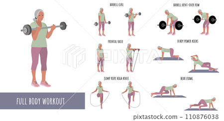 Senior woman doing full body workout Senior woman doing full body workout 110876038