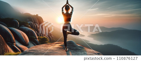 Yoga Practitioner in Tree Pose Embracing Mountain Sunrise 110876127