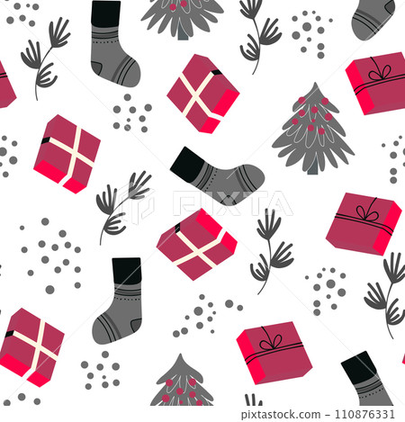 Seamless Christmas cozy winter New Year pattern with cute gifts, Christmas tree, plants and socks on white background. Vector illustration. Design for print, invitation, poster, card, fabric, textile Seamless Christmas cozy winter New Year pattern with cute gifts, Christmas tree, plants and socks on white background. Vector illustration. Design for print, invitation, poster, card, fabric, textile 110876331