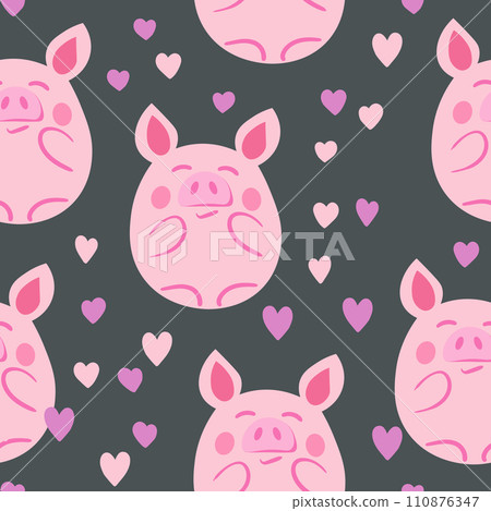 Vector flat animals colorful illustration for kids. Seamless pattern with cute pig on color floral background. Adorable cartoon character. Design for textures, card, poster, fabric, textile Vector flat animals colorful illustration for kids. Seamless pattern with cute pig on color floral background. Adorable cartoon character. Design for textures, card, poster, fabric, textile 110876347