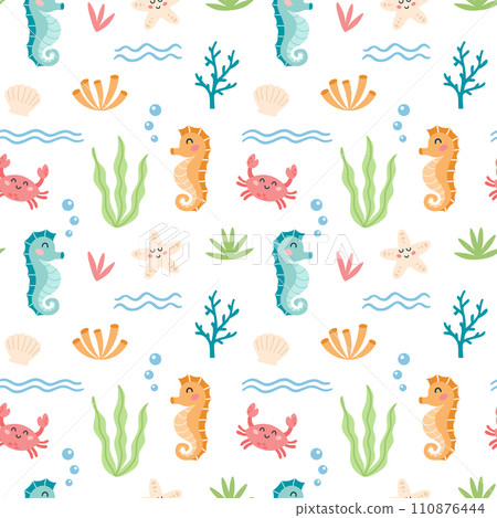 Childish seamless pattern with cartoon seahorse, crab, starfish character on a white background. Cute sea animals and underwater life design for fabric, textile, paper. Vector illustration Childish seamless pattern with cartoon seahorse, crab, starfish character on a white background. Cute sea animals and underwater life design for fabric, textile, paper. Vector illustration 110876444