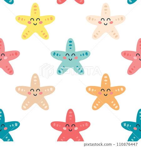 Childish seamless pattern with cute colored cartoon starfish character on a white background. Cute sea animals design for fabric, textile, paper. Vector illustration 110876447