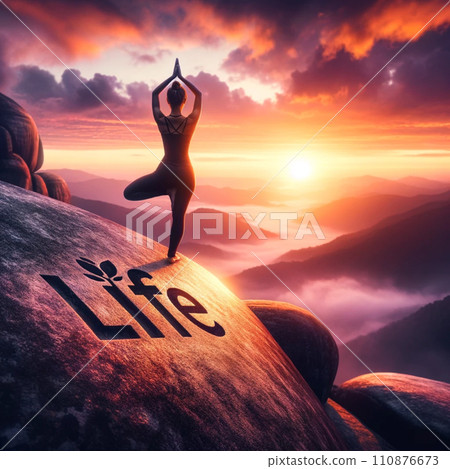 Sunrise Yoga Tree Pose on Mountain with Life Inscription 110876673