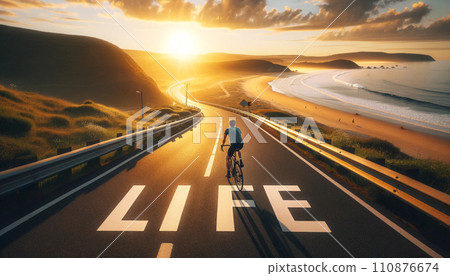 Cyclist on Sunrise Coastal Road with Life Inscription 110876674