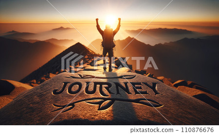 Triumphant Hiker at Sunrise with Journey Inscription 110876676