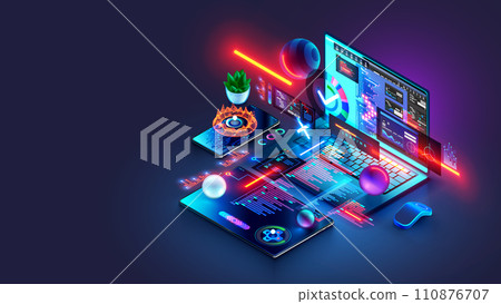 Software development, web design, programming concept. Abstract software develop programming api interface, program code, elements interface website on laptop, tablet, phone. Software development Software development, web design, programming concept. Abstract software develop programming api interface, program code, elements interface website on laptop, tablet, phone. Software development 110876707