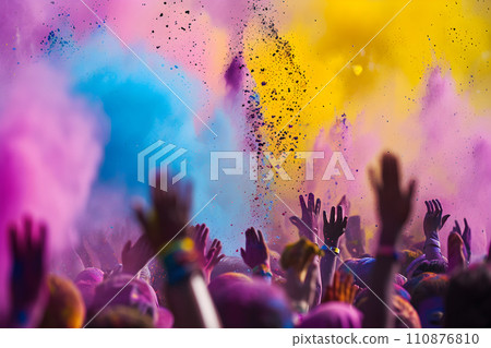 AI-generated content. Holi celebration concept - hand in the air, splashes of holi colored powders 110876810