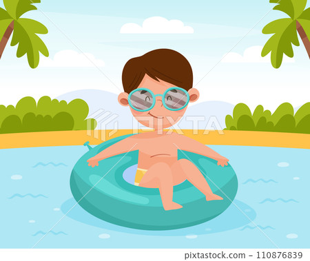 Happy Boy Character at Sea Swim in Rubber Ring Enjoy Beach Vacation Vector Illustration 110876839